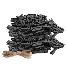 100pcs 1.3inch Wooden Mini Clothespins Chip Clips Small Clothes Pins with 33 Feet Jute Twine for Photos, Bag Clips, Crafts Arts Crafts Deco (Black)