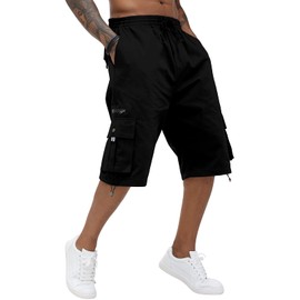 Mens Cargo Shorts Cotton Elastic Waist Capri Knee Length Multi Pocket Pants, black