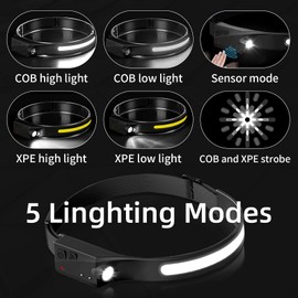 NineLeaf Headlight Rechargeable, 350 Lumen 230 Wide Angle Motion Sensor Headlamp Flashlight, Waterproof COB XPE LED Headlight 5 Modes, Head Lights for Camping Cycling Running Fishing