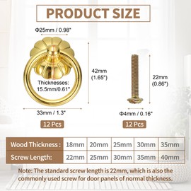 PATIKIL 12Pack Drawer Ring Pull Handles, 1.65" Zinc Alloy Hole Ring Cabinet Knobs with Screws for Cupboard Cabinet Drawer Dresser Closet Door, Gold