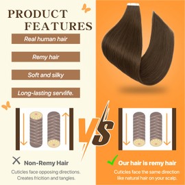 TESSHAIR Human Hair Tape in Extensions,Double Stitched Remy Human Hair Extensions Tape ins,No Tangle & Smooth,14 Inch-10pcs,#02 Dark Brown