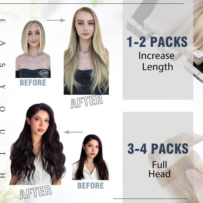 Easyouth #2 Remy Real Hair Tape-In Extensions, Darkest Brown, 30