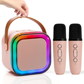 Mini Karaoke Speaker with 2 Wireless Microphones,Voice Effects,Led Lights, Portable Singing Machine for Ages 3,4,5,6,7,8,9,10,11,12+ Years Old Girl Birthday Gift, Kids Karaoke Machine (Pink)