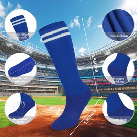 KEUKORZ Blue Youth Baseball Socks with White Stripes and Belt Set Non-Slip Classical Stripes Softball Socks for Youth Strenchy Baseball Belt Combo