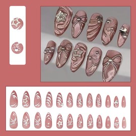 24Pcs Pink Press on Nails Long Almond Fake Nails Bow Alloy Star with Rhinestone Glitter Design Pearl Glue on Nails Cute False Nails Shiny Stick on Nail for Women DIY Salon Manicure Supplies