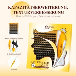 QUEWEL Cluster Wimpern Set DIY Wimpern Extensions Set 168 Stk einzelne Wimpern mit großem Fassungsvermögen 16ml Wimpern Kleber und Seal, Wimpernapplikator einfach für Anfänger zu Hause(Fluffy 3D-Mix)