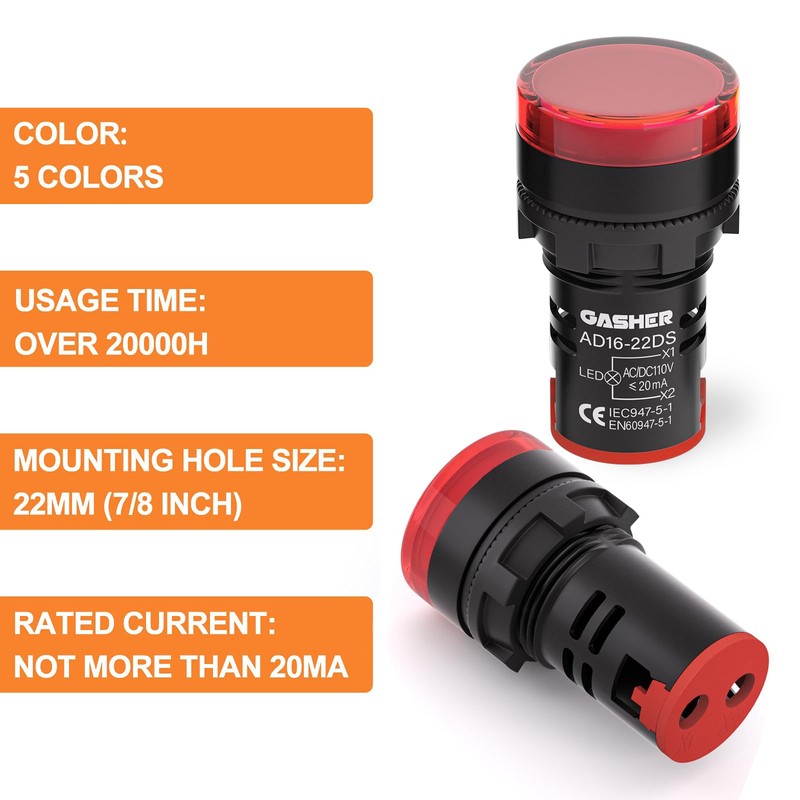 GASHER 24V 20mA Energy Saving Indicator Light Mounting Hole Size