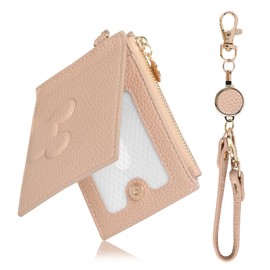 Wasenn Pass Case with Reel for Women, Men's, Coin Purse, Card Holder, Zippered, Large Capacity, Thin, Pink