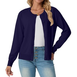 GRECERELLE Women's Lightweight Button Down Long Sleeve Crewneck Cardigan Sweater Navy Blue, 2XL