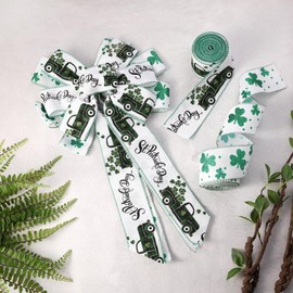 St. Patricks Day Ribbon Wired, Glitter Green Shamrock Truck Fabric Ribbons Gift Wrapping DIY Craft Wreath Bows Making Festival Party Birthday Decoration, 10 Yards x 2.5 Inches