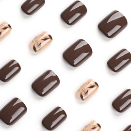 Square Press on Nails Short Fake Nails with Golden Glitter & Leaves Designs Fall Nails Press ons Glossy Glue on Nails Brown Full Cover Acrylic Stick on Nails for Women 24 Pcs