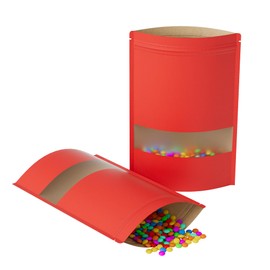 4CP 100 Pcs Kraft Resealable bags, Zipper Sealable Food Storage Bags for Packaging Products, Reusable Stand Up Kraft Paper Bags with Matte Window (Red, 6.7x9.4 inch)