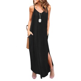 HUSKARY Women's Summer Casual Sleeveless V Neck Strappy Split Loose Dress Beach Cover Up Long Cami Maxi Dresses with Pocket Black