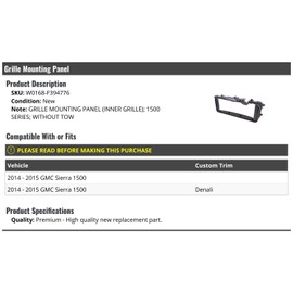 Marketplace Auto Parts Grille Mounting Panel - Black, Compatible with 2014-2015 GMC Sierra 1500 Truck, Automotive Grille, Grille