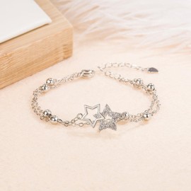 TRUMIGA Pulsera para Mujer, Pulsera de Doble Capa de Estrella de Cinco Puntas, Pulsera de Zirconia Cúbica Brillante, Pulsera de Personalidad de Moda, Delicada Brazalete de Ajustable, Accesorios de Joyería de Moda, Regalo de Joyería Aniversario y Cumpleañ