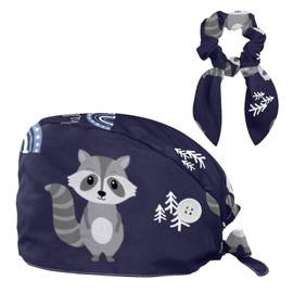 Raccoon Pattern Working Cap Scrub Cap Nurse Doctor Surgical Hat Medical Hat with Buttons Bowknot Hair Bow Tie for Women (US, Alpha, One Size, Multicolor1)