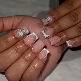 Light Blue French Press on Nails Short Square Spring Summer Fake Nails with 3D Floral Rhinestones Design WLGDLH Nude False Nails French Nails Gel Acrylic Nails Glossy Glue on Nails for Women 24Pcs