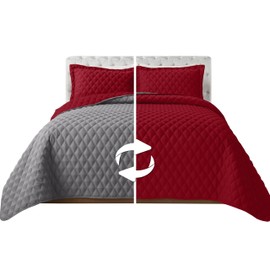 Elegant Comfort 3-Piece Quilted Reversible Bedspread Coverlet Set with Pillow Shams, Exquisite Diamond Stitching All Season Heavy Weight - Ultra Soft Premium Quilt- Twin XL, Burgundy/Gray