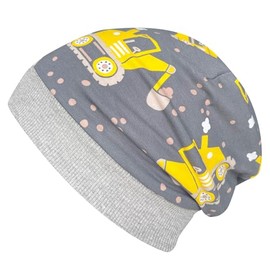 Wollhuhn Eco Warm Cuddly Winter Boys / Girls Winter Beanie Hat or Long Beanie Hat with Fleece Lining Various Designs (Made of Eco Fabrics, Organic), 20220666, Excavator Grey/Yellow