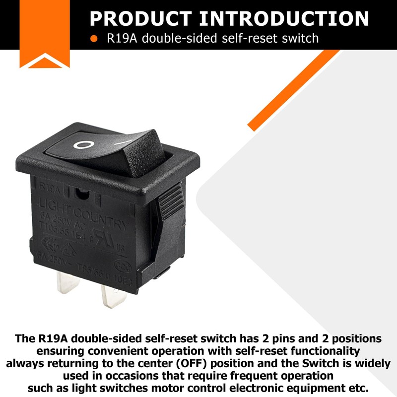 R19A T85U Rocker Switch 2 Pins 2 Position 6A 125/250VAC,