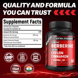 BEBEFEN Premium Berberine HCl 1200mg Plus Ceylon Cinnamon 300mg, Berberine HCI Root Supplements Pills - Non-GMO, Vegan, Gluten Free. 60 Easy to Swallow Capsules