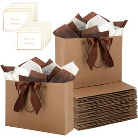 Brown Gift Bags with Handles and Ribbons - 10Pcs Gift Bags with 10 Tissue Paper 10 Greeting Cards, Present Bag for Birthday, Wedding, Mothers Day, Baby Shower, Bridal Shower, Party (12.6''x9.8''x4'')
