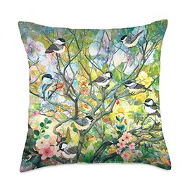 Mari Malo Designs Birds in Springtime Mixed Media Collage Art Throw Pillow, 18x18, Multicolor
