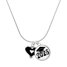 Delight Jewelry Silvertone Black and White Enamel Heart Script Class of 2025 Dome Charm Necklace, 18"