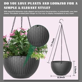 LAOJU Hanging Planter, Plastic Flower Pot with Chain, Indoor Outdoor Plants Pot Container, 10.2 inches, Gray