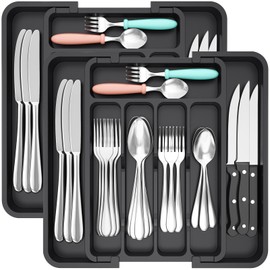 Lifewit Silverware Drawer Organizer, Expandable BPA Free Utensil Tray for Kitchen, Adjustable Flatware and Cutlery Holder for Spoons Forks Knives, Plastic Kitchen Organizers and Storage, Black