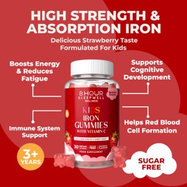 Kids Iron Gummies – Vegan, Sugar Free & Chewable | with Vitamin C, B12 & Folic Acid | Immune & Energy Support for Kids 3+ | Alternative to Iron Tablets | 1 Month Supply | Natural Strawberry