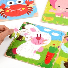 12-Pack Easy Wooden Jigsaw Puzzles for Kids Age 3-8 Years Old, Animals Small Toddler Puzzles Party Favors for Girls and Boys, Portable Travel Puzzles 16 Pieces Per Puzzle