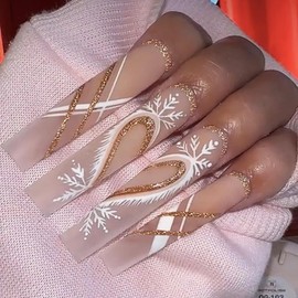 KKUUOO Long Christmas Press on Nails Square Fake Nails LOVE & Snowflake Design False Nails Gold Glitter Press on Nails Full Cover Glossy Acrylic Nails Stick on Nails for Women and Girls Xmas Manicure