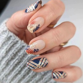ONPRESS 24Pcs Fall Press on Nails Medium Square Fake Nails with Gold Foil Line Design Thanksgiving Day Autumn Leaves Wheat Ears Glue on Nails Matte Full Cover Stick on Nails for Women Manicure Decor