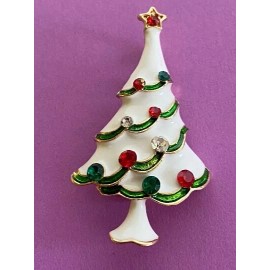 Unbranded White Christmas Tree Green Trim Rhinestones Brooch