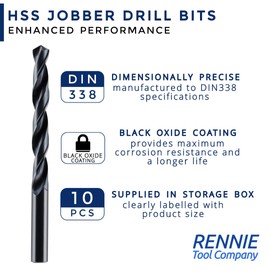 Rennie Tools 1-10mm HSS Jobber Drill Bit Set 10 Piece (PCS) / 1mm Increments For Wood, Plastic, Non-Ferrous Metals & Steels
