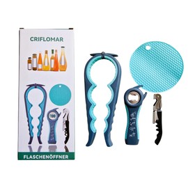 4 in 1 Jar Opener Set - Non-Slip Handle, Easy Open for Seniors & Arthritis - For Jars, Cans, Wine & Beverage Bottles - Ergonomic Kitchen Aid