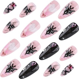 24Pcs Gothic Press on Nails Medium Almond Fake Nails Cat Bow Heart with Rhinestones Gems Charms Glitter Design Full Cover Y2k Glue on Nails Black Pink False Nails for Women Artificial Acrylic Nails
