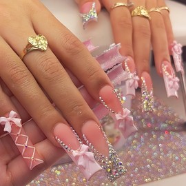 24Pcs Pink Bow Rhinestones Long Square Press on Nails French Tip Fake Nails Pink French Nails Press ons Cute Acrylic Nails Sparkly Charms Full Cover Glue on Nails for Women Girls Manicure Decoration