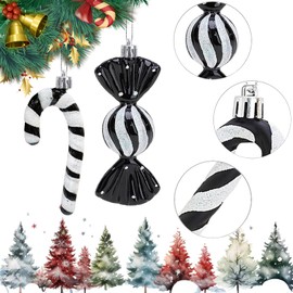 Pack of 12 Glitter Christmas Tree Candy Canes Black & White Christmas Decoration Christmas Baubles Candy Canes Decoration Christmas Tree Decoration Christmas Tree Decoration