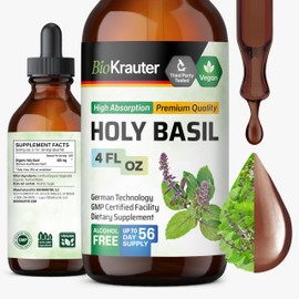 BIO KRAUTER Holy Basil Tincture - Tulsi Powder Liquid Extract - Supports Calmness and Relaxation - Ursolic Acid Supplement - Alcohol and Sugar Free Holy Basil Extract - Vegan Drops 4 Fl.Oz.