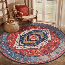 SERISSA Boho Round Area Rug, 4ft Washable Non-Slip Circle Rug, Ultra Soft Oriental Vintage Rust Low-Pile Small Circular Carpet for Bedroom Entryway Kids Room Office College Dorm Living Room