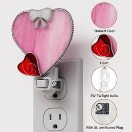 KY&BOSAM Night Light Plug in Pink Heart Stained Glass Nightlight Decorative Wall Night lights with On/Off Switch Come with 7 Watt Bulb Mother`s Christmas Valentine`s Holiday Spring & Winter Home Decor