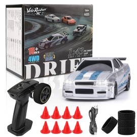 VoleRusher RC [4WD Edition 1/43 Scale Mini RC Drift Car, Toys for Age 8-14 Old Birthday Gifts, High Speed Racing Micro Small with Full Proportional RTR 2.4GHz Remote 2 Tire Sets 8 Cones - Silver Blue
