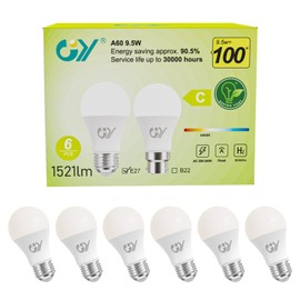 GY E27 LED Neutral White Bulb, 9.5 W, 4000 K, 1521 Lumen, Replaces 100 W Halogen Bulb, A60 Energy Saving Bulb, Not Dimmable, Pack of 6