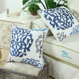 CaliTime Pack of 2 Cotton Throw Pillow Cases Covers for Bed Couch Sofa Vintage Compass Geometric Floral Embroidered 18 X 18 Inches Blue Gray