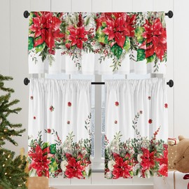 Deztibos Christmas Poinsettia Curtain Valances Set Decoration, Suitable for Kitchen, Bedroom, 54lx18w Inch 27lx24w Inchx2, Xmas Elegant Holiday3-Panel Set