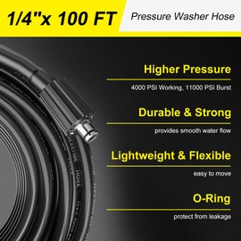 POHIR Pressure Washer Hose 100FT, Kink Resistant Power Washer Replacement Hose 1/4 Inch with M22 14MM Swivel, Lightweight Pressure Washer Extension Hose 4000 PSI
