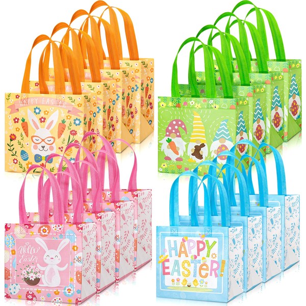 Whaline 16 Pack Easter Non-Woven Bags Large Tote Bags with Handles Reusable Gift Bag Grocery Shopping Bag Bunny Easter Egg Hunt Party Treat Bag Waterproof Reusable Goodie Bag for Holiday Favors