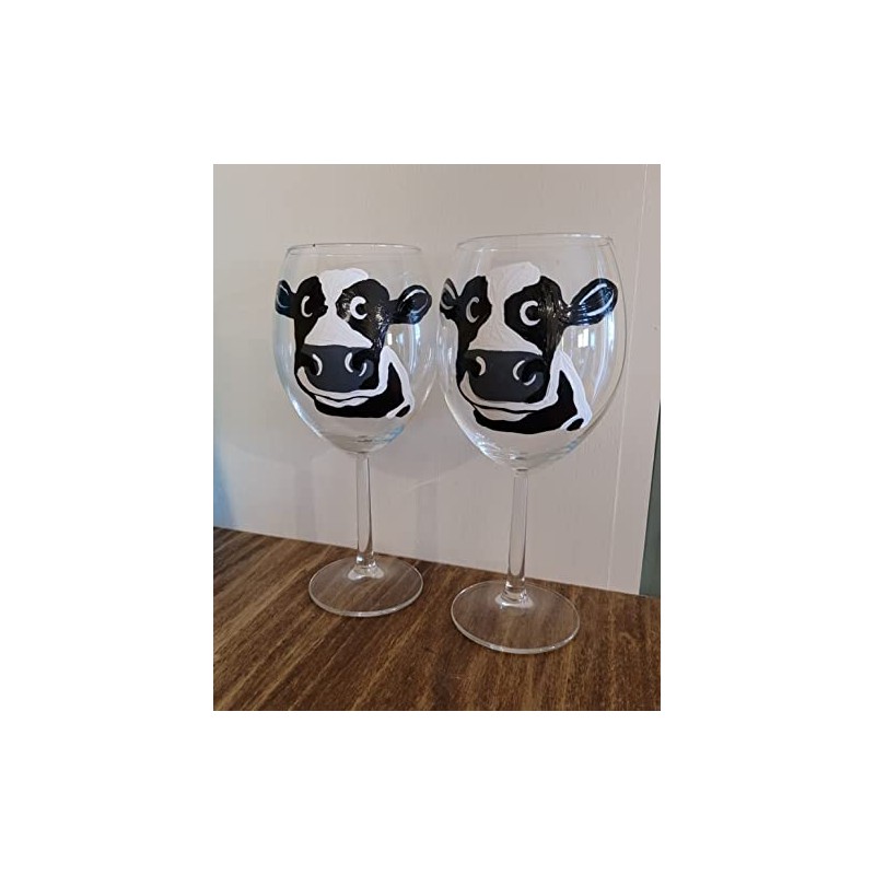 Dairy Cow Hand Painted Stemmed Wine Glasses Set of 2